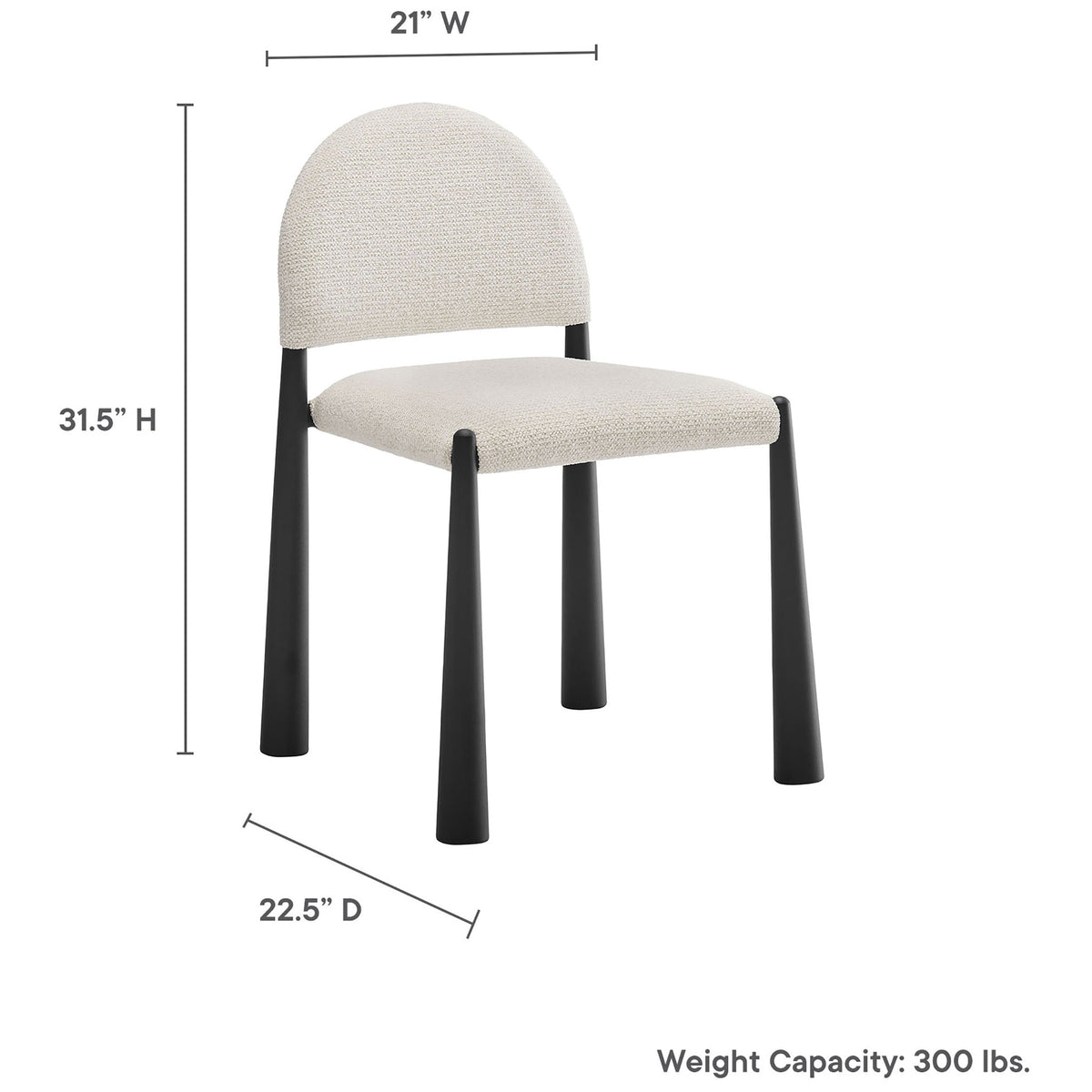 Dining chair dimensions shown as 31.5 inches high by 21 inches wide by 22.5 inches deep with 300 pound weight capacity || EEI-7220-BLK-CRE || dimension_studio