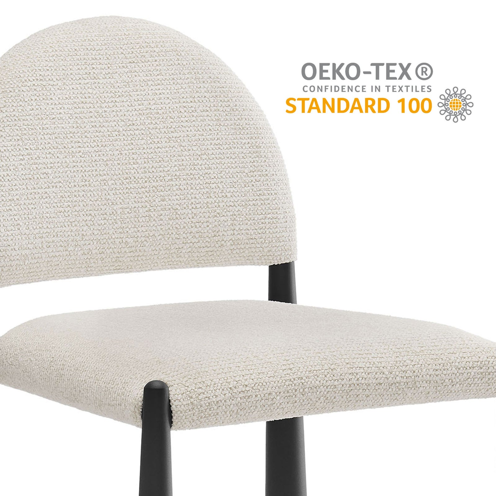 OEKO-TEX STANDARD 100 certified cream boucle upholstery on the dining chair for a soft, comfortable seat || EEI-7220-BLK-CRE || callout_studio