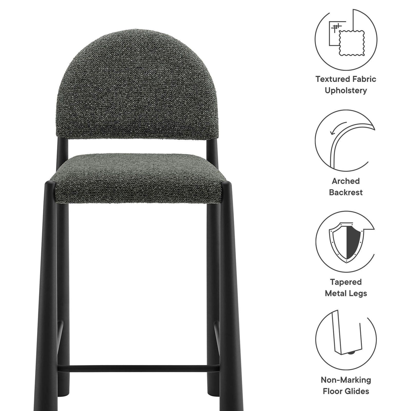 Textured fabric, arched backrest, tapered legs, and non-marking glides for everyday ease. || EEI-7221-BLK-ANT || callout_studio