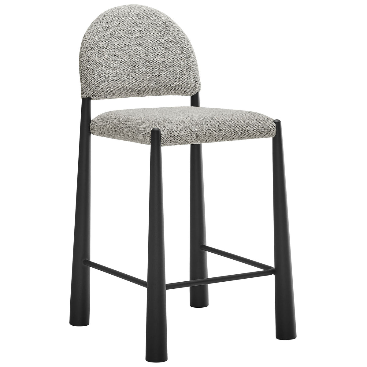 Mid-century counter stool with boucle-style upholstery and sleek black metal legs || EEI-7221-BLK-CAM || front_angle_studio