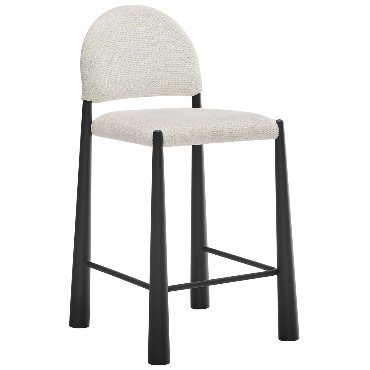 Cream boucle counter stool with rounded back, plush padded seat, and tapered black metal legs with footrest || EEI-7221-BLK-CRE || front_angle_studio