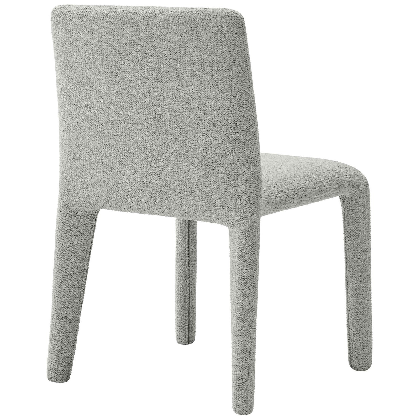 Dove gray upholstered dining chair highlighting the smooth squared back and fabric-covered legs. || EEI-7222-DOV || back_angle_studio