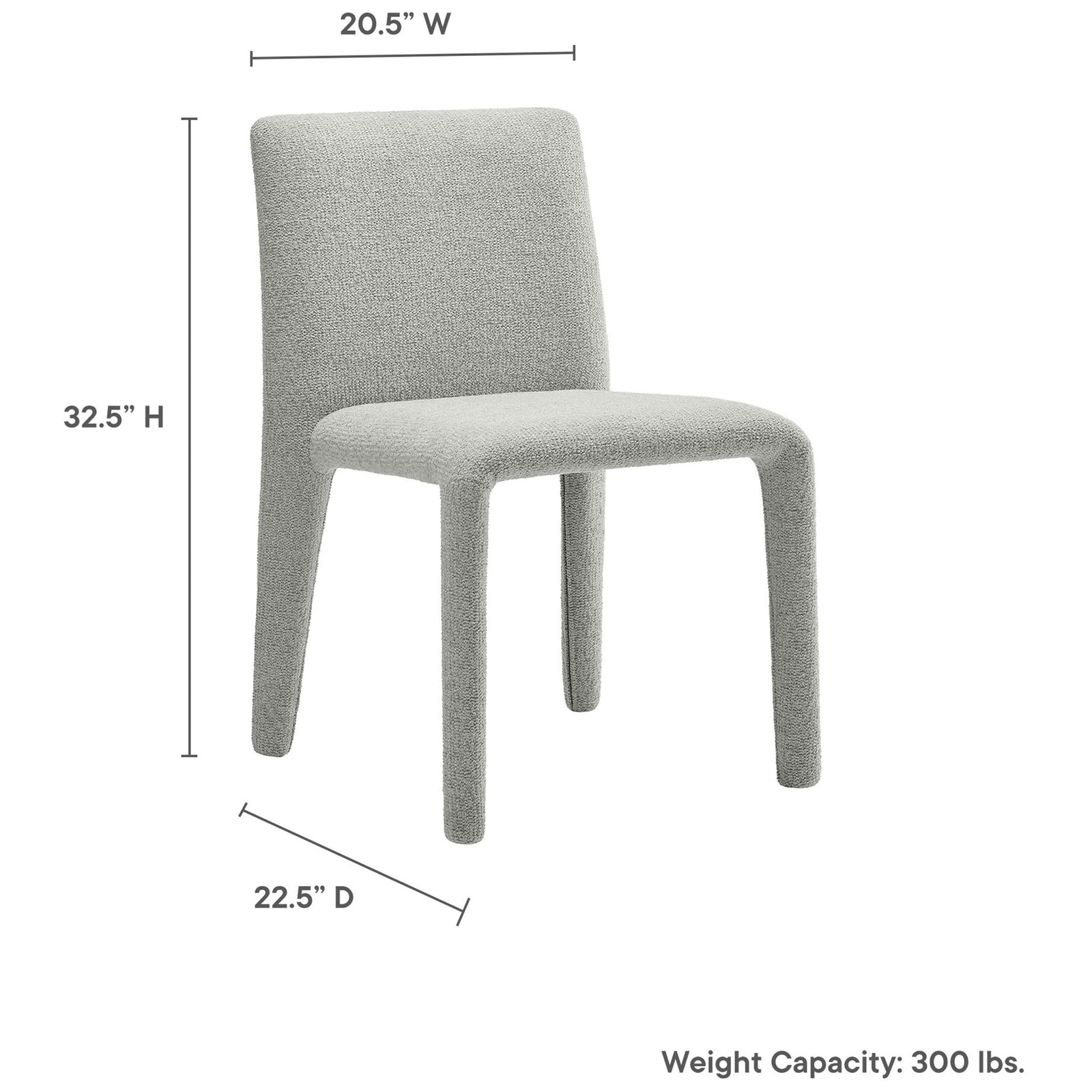 Rhodes upholstered dining chair with clearly marked width, depth, height, and 300 pound weight capacity. || EEI-7222-DOV || dimension_studio
