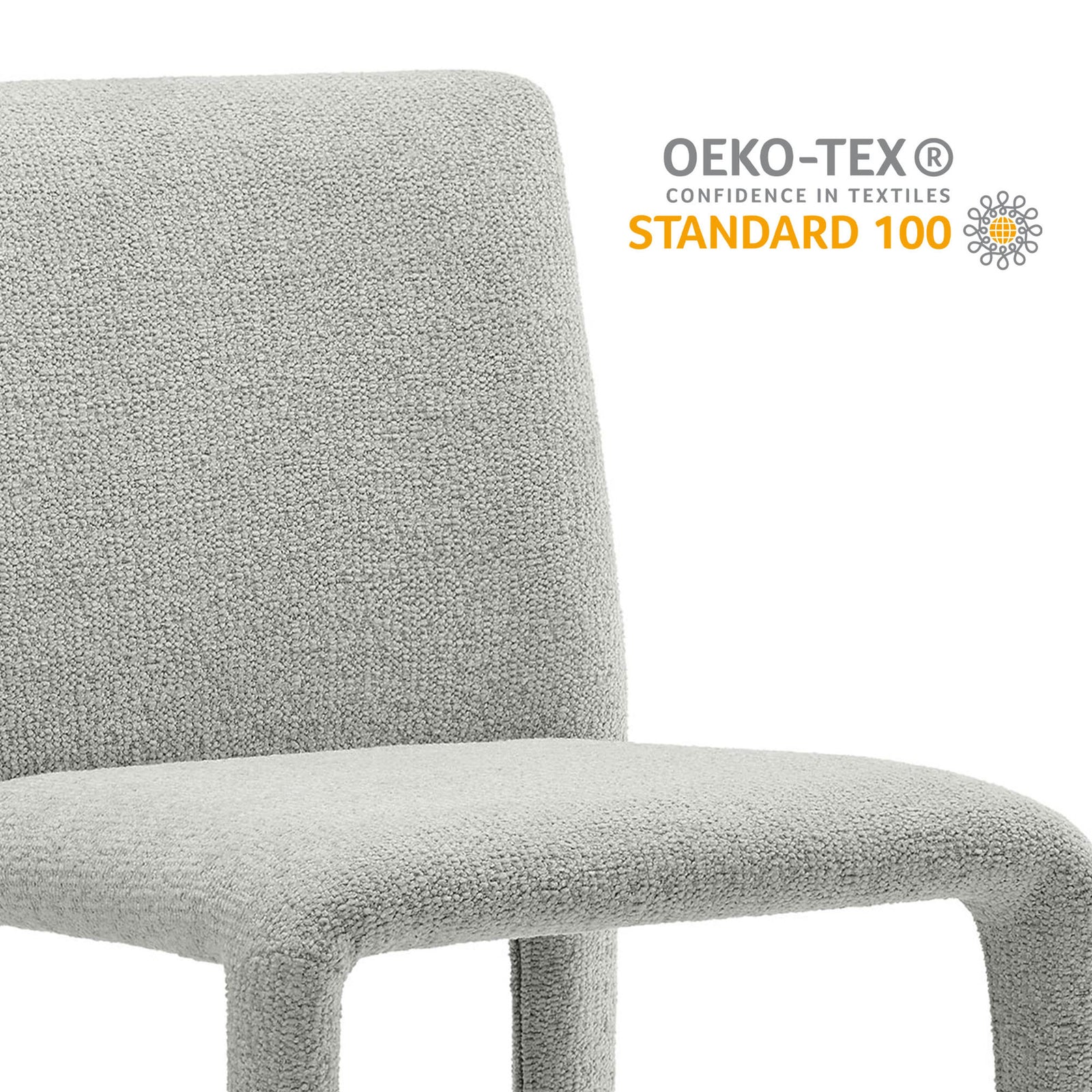 Rhodes chair chenille upholstery in dove gray featured alongside OEKO-TEX Standard 100 certification badge. || EEI-7222-DOV || callout_studio