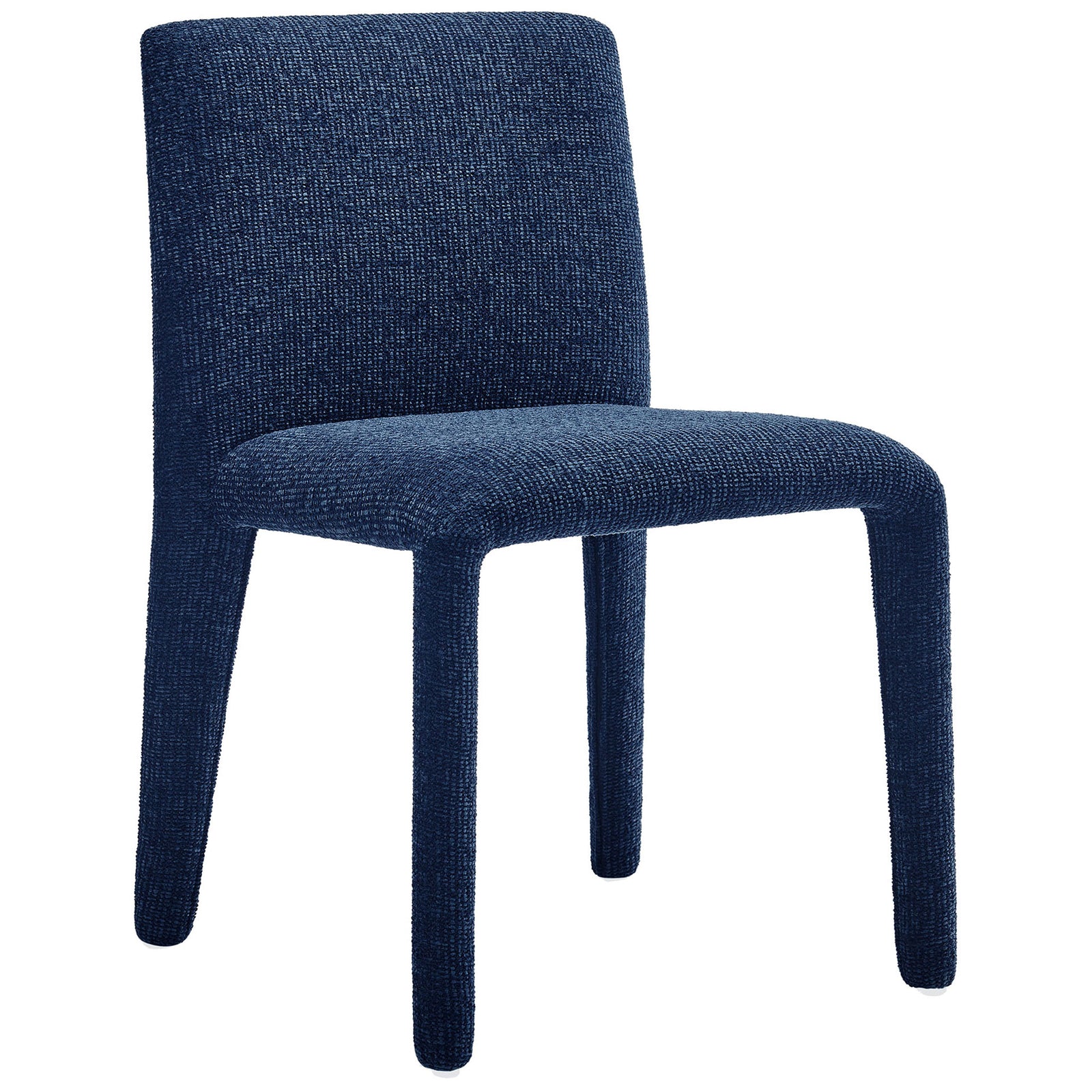 Modern navy chenille dining chair showcasing its clean lines and seamlessly upholstered legs. || EEI-7222-NAV || front_angle_studio