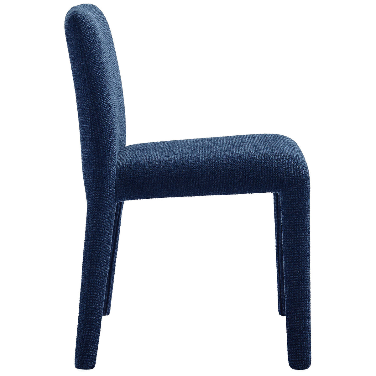 Rhodes navy upholstered chair emphasizing its thick seat cushion and comfortably supportive backrest. || EEI-7222-NAV || side_studio