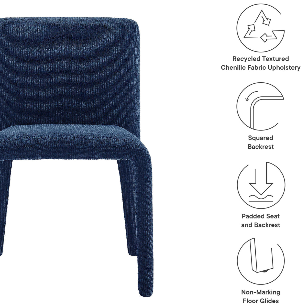 Rhodes navy chenille dining chair with recycled fabric upholstery, padded seat and back, and floor-safe glides. || EEI-7222-NAV || callout_studio