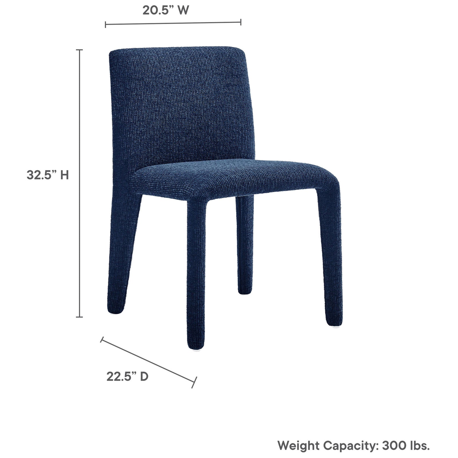 Rhodes dining chair dimensions with seat height, width, depth, and 300 pound weight capacity clearly labeled. || EEI-7222-NAV || dimension_studio