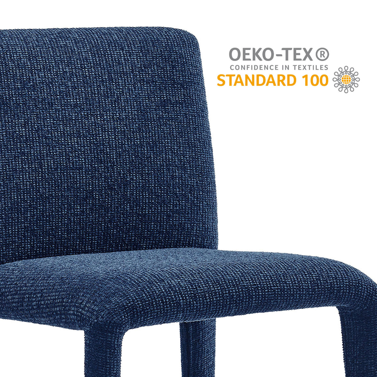 OEKO-TEX certified navy chenille upholstery on the Rhodes dining chair for safe, comfortable everyday seating. || EEI-7222-NAV || callout_studio