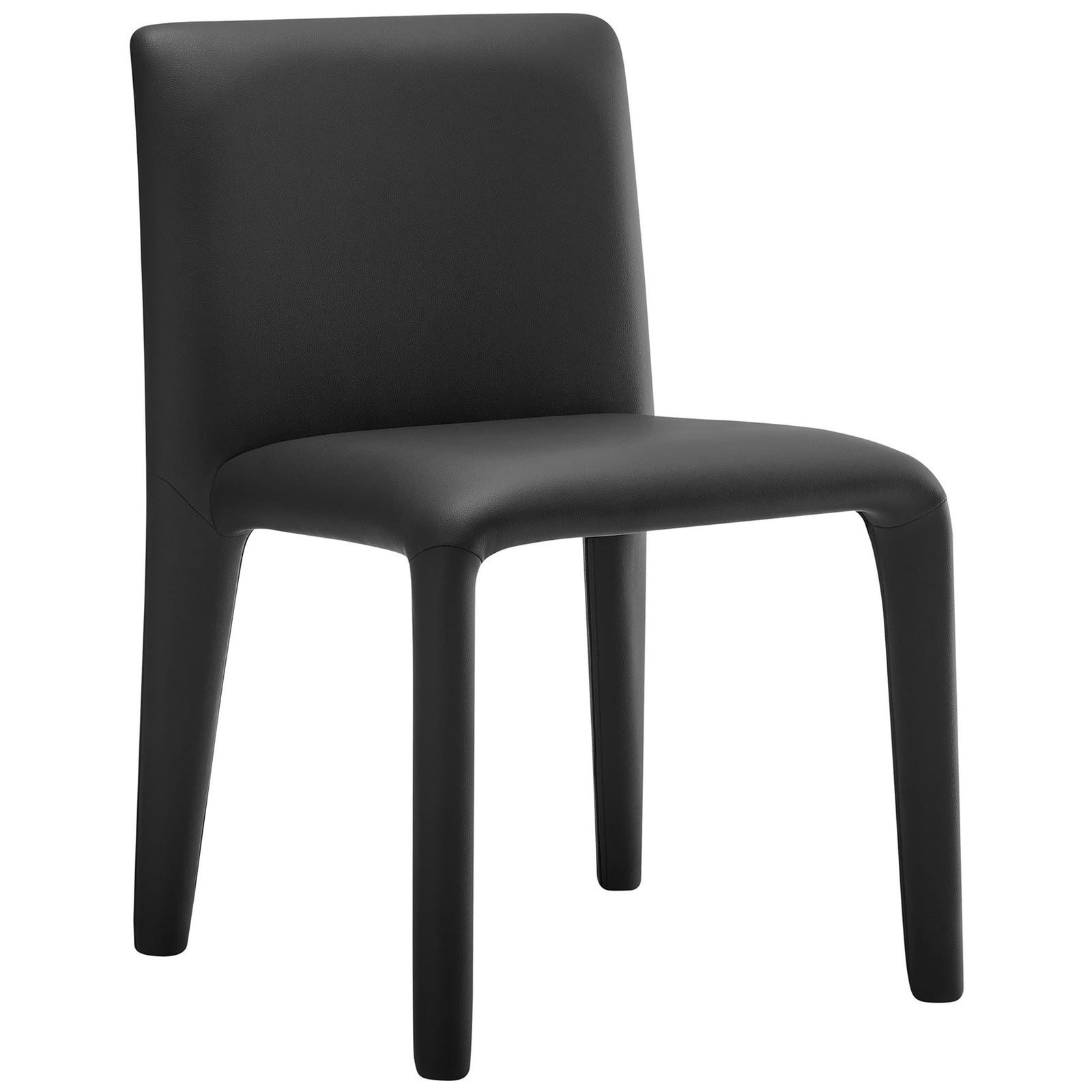 Sleek black vegan leather dining chair with rounded cushioned seat and fully wrapped legs || EEI-7223-BLK || front_angle_studio