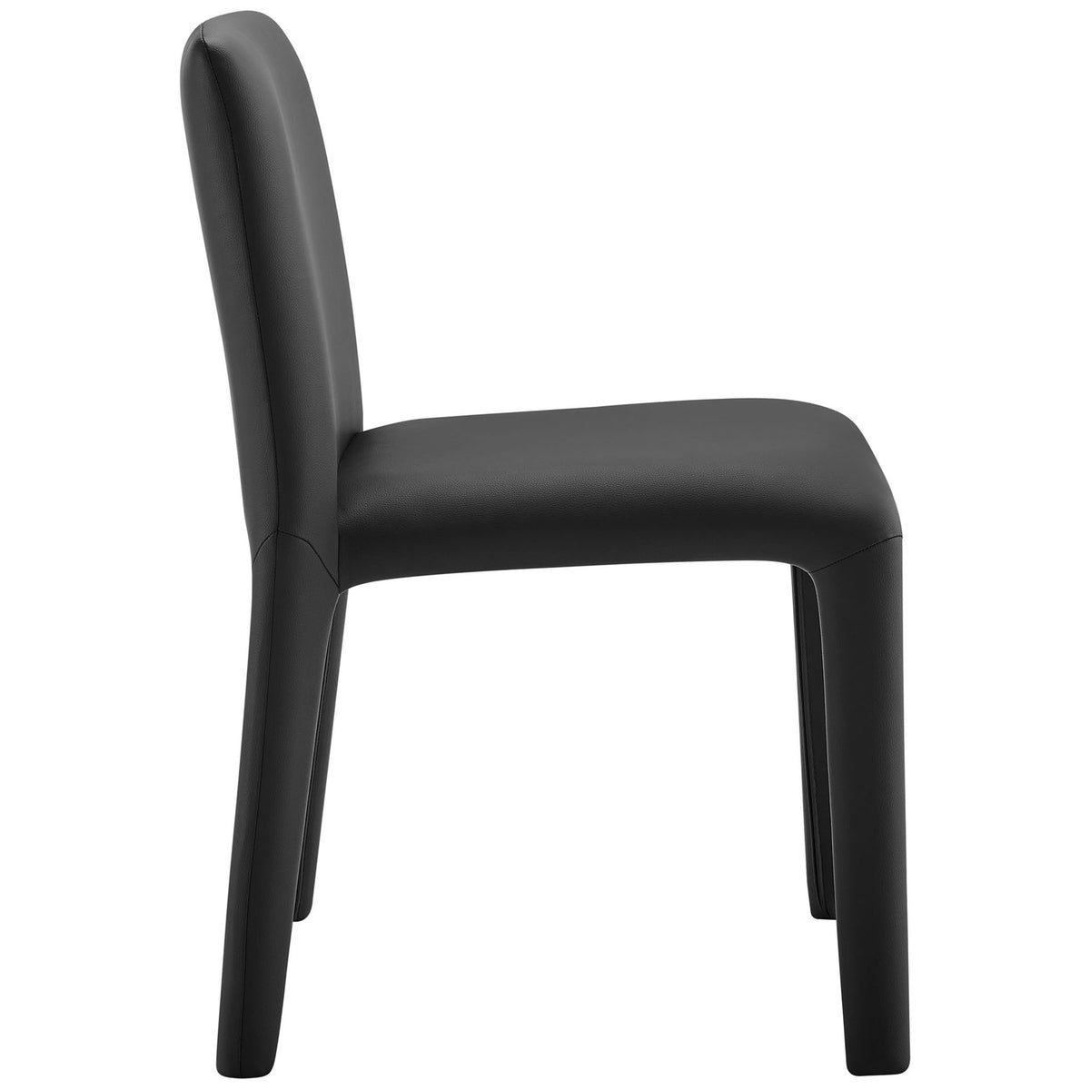 Modern black vegan leather chair highlighting the slim profile and plush seat cushioning || EEI-7223-BLK || side_studio
