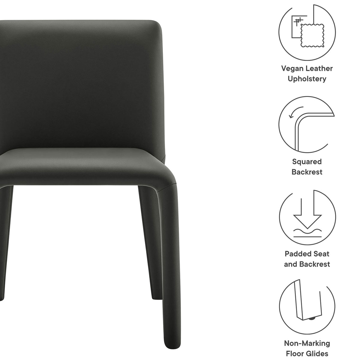 Black vegan leather dining chair with icons highlighting soft upholstery, squared backrest, and padded comfort || EEI-7223-BLK || callout_studio