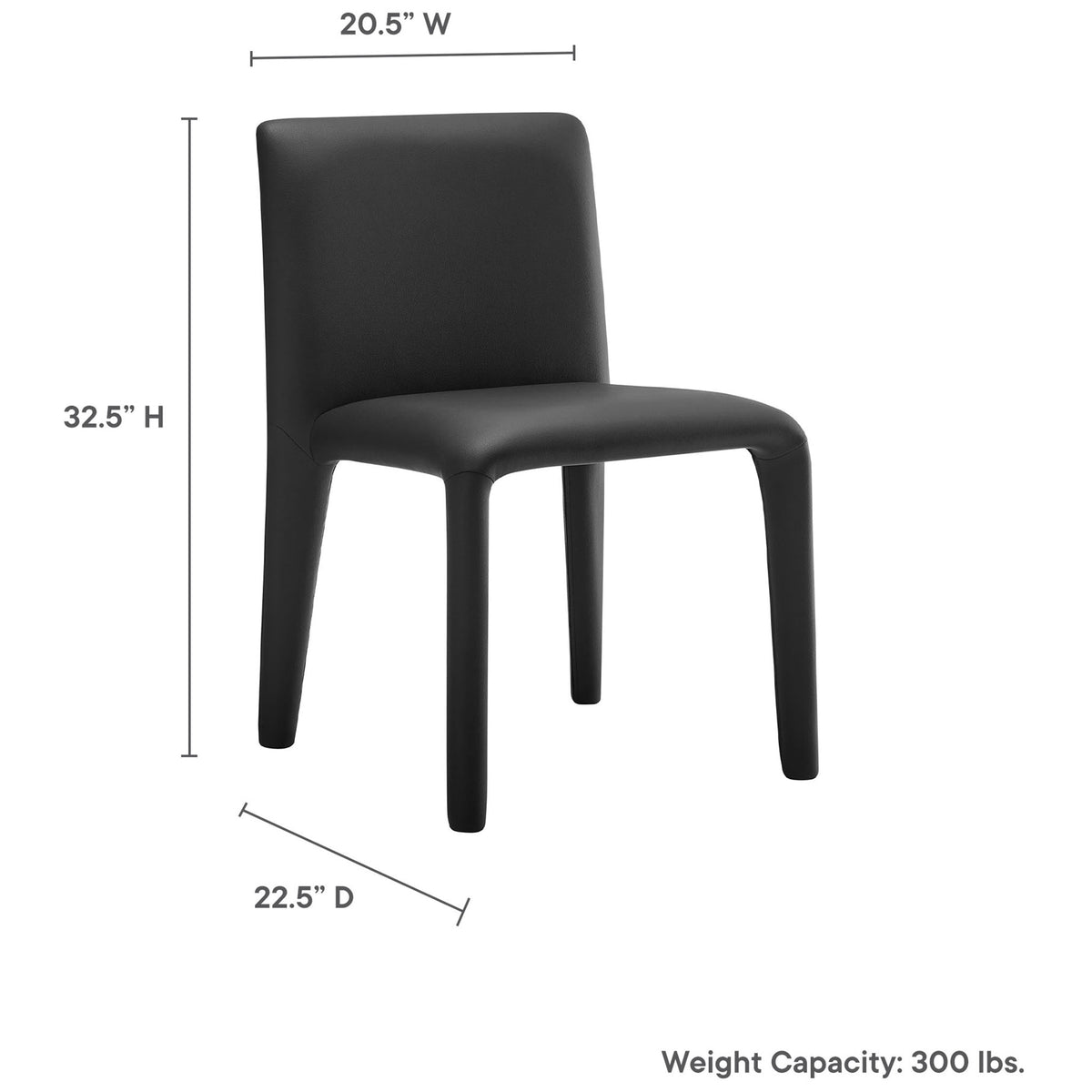 Black vegan leather dining chair with labeled dimensions and 300 pound weight capacity || EEI-7223-BLK || dimension_studio