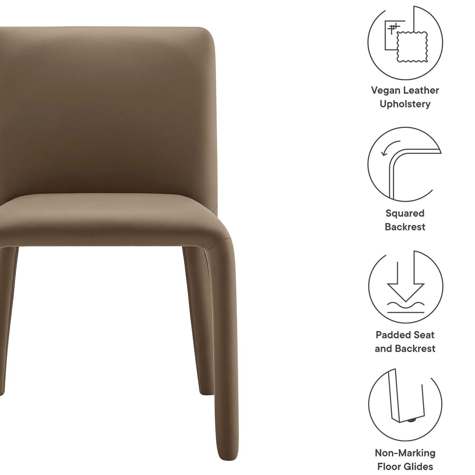 Rhodes vegan leather dining chair with feature icons highlighting its padded design and non-marking floor glides || EEI-7223-MUS || callout_studio