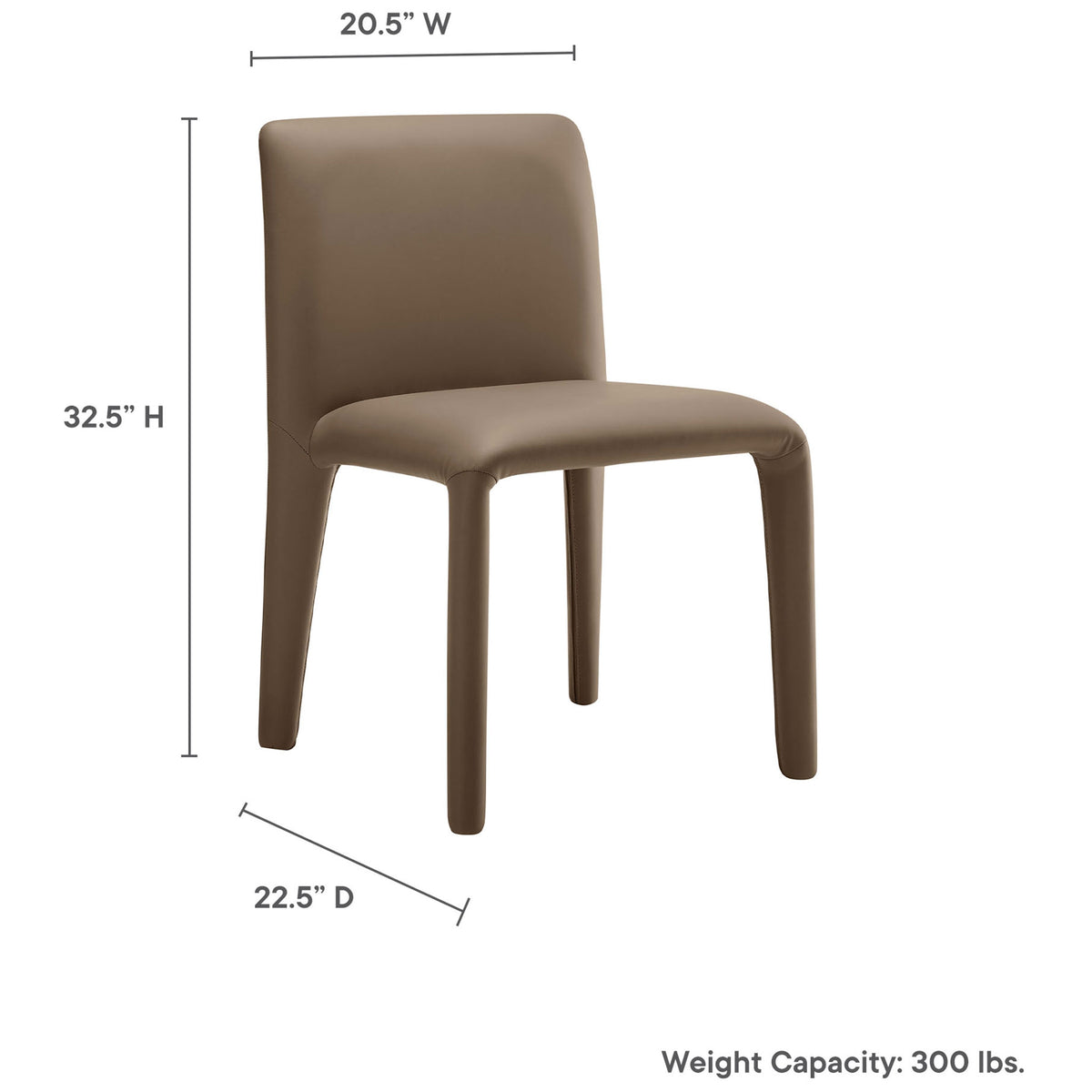 Rhodes mushroom brown dining chair with callouts for width, depth, height, and 300 pound weight capacity || EEI-7223-MUS || dimension_studio