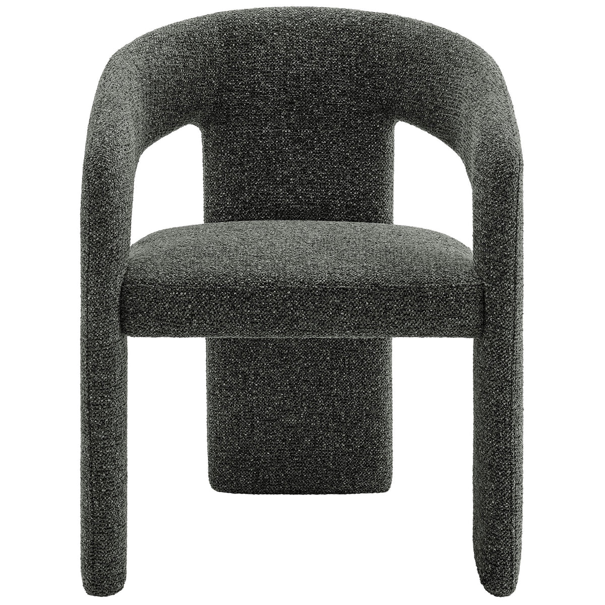 Curved barrel-back dining chair in anthracite fabric with plush seat and sculptural three-leg silhouette || EEI-7224-ANT || front_studio
