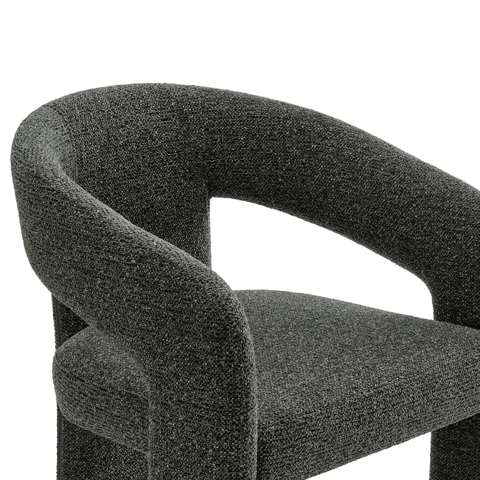 Curved barrel back and plush seat cushion wrapped in soft anthracite textured fabric || EEI-7224-ANT || detail_studio