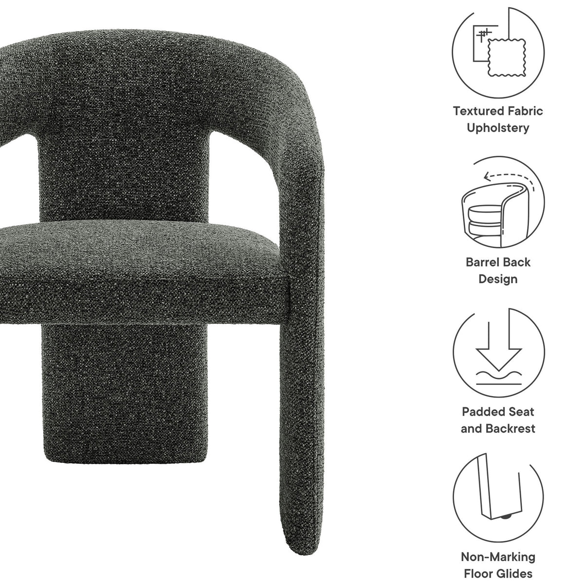 Oslo barrel dining chair with textured upholstery, padded seat and back, and non-marking floor glides || EEI-7224-ANT || callout_studio