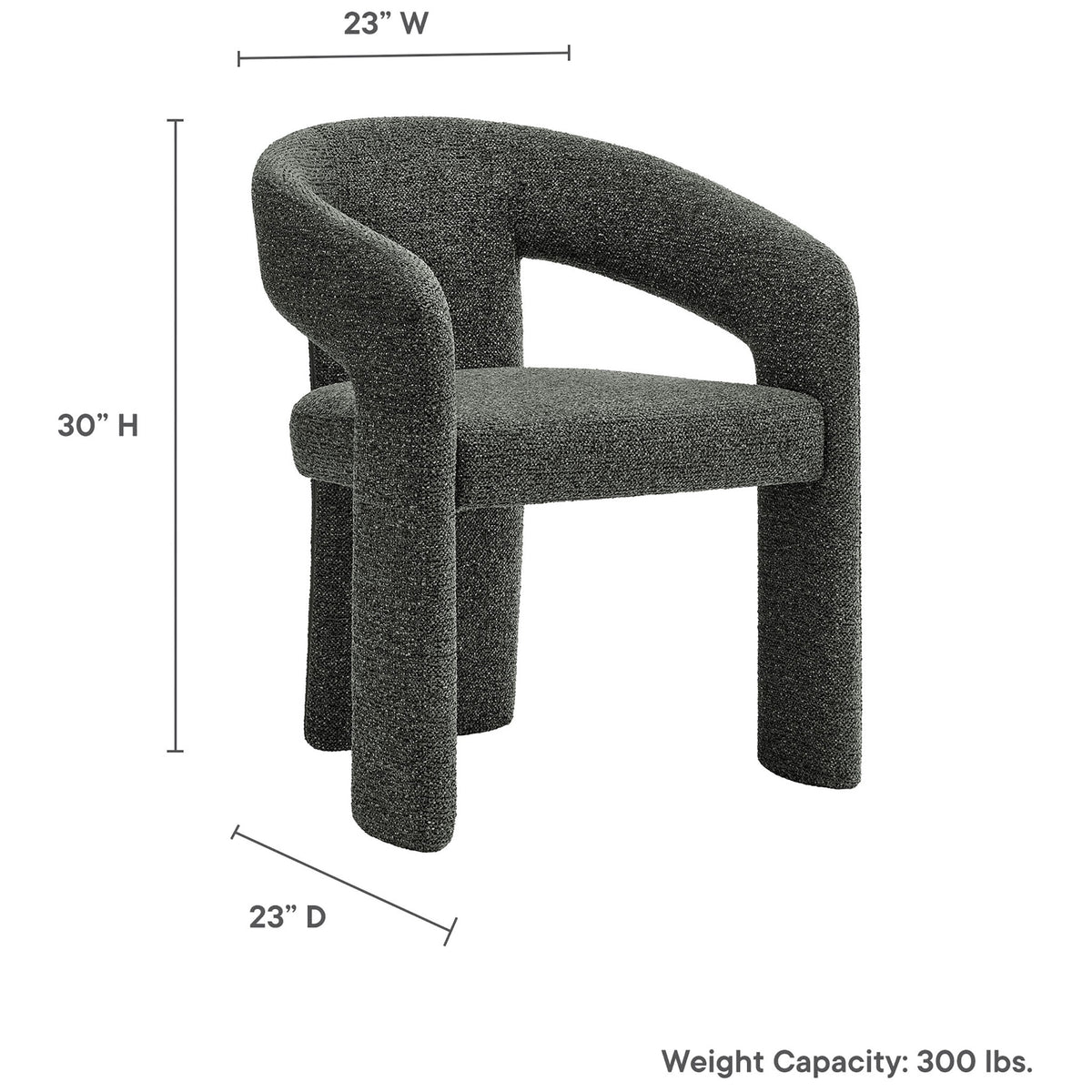 Oslo barrel dining chair with compact 23 inch by 23 inch footprint, 30 inch height, and 300 pound weight capacity || EEI-7224-ANT || dimension_studio