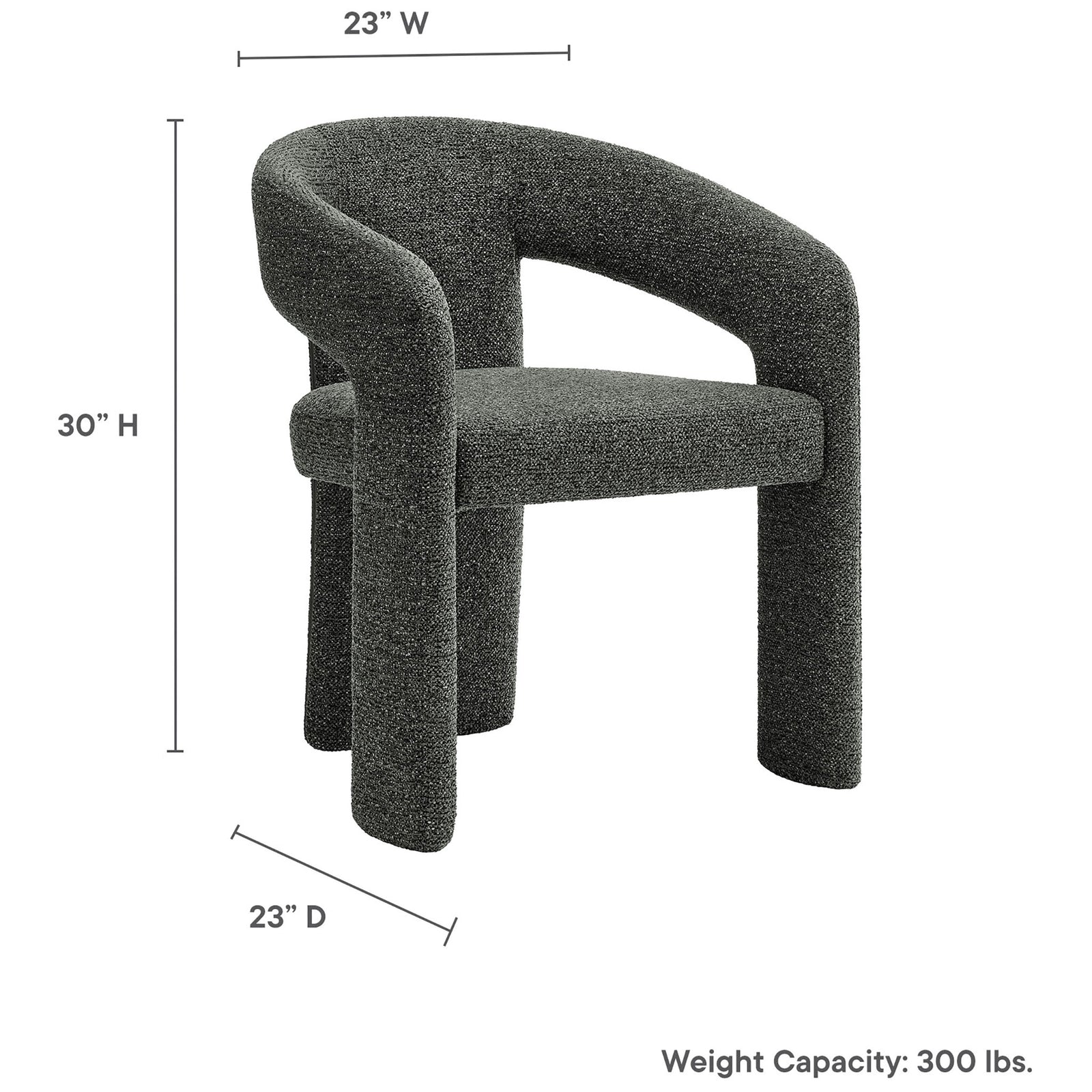 Oslo barrel dining chair with compact 23 inch by 23 inch footprint, 30 inch height, and 300 pound weight capacity || EEI-7224-ANT || dimension_studio
