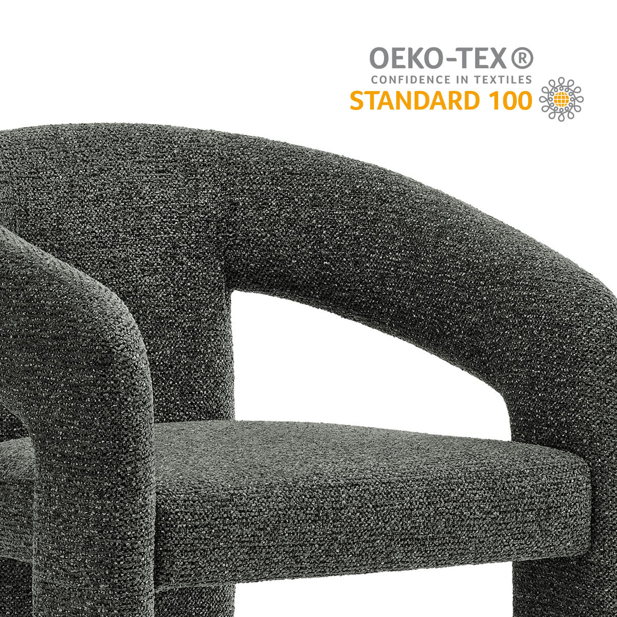 Anthracite upholstered dining chair made with OEKO-TEX Standard 100 certified fabric for added peace of mind || EEI-7224-ANT || callout_studio