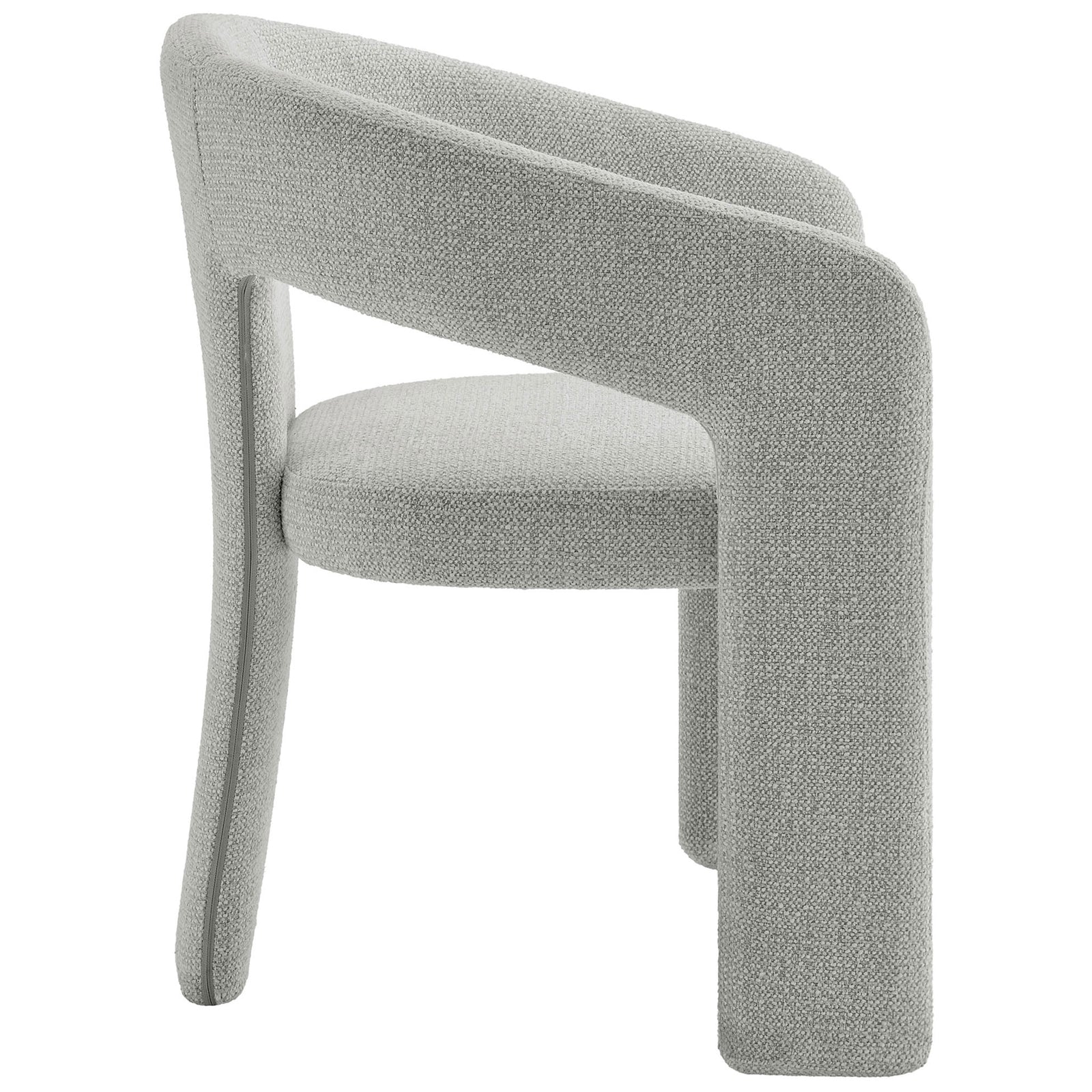 Sculptural dove gray barrel chair showcasing the curved wraparound back and unique rear leg || EEI-7224-DOV || back_angle_studio