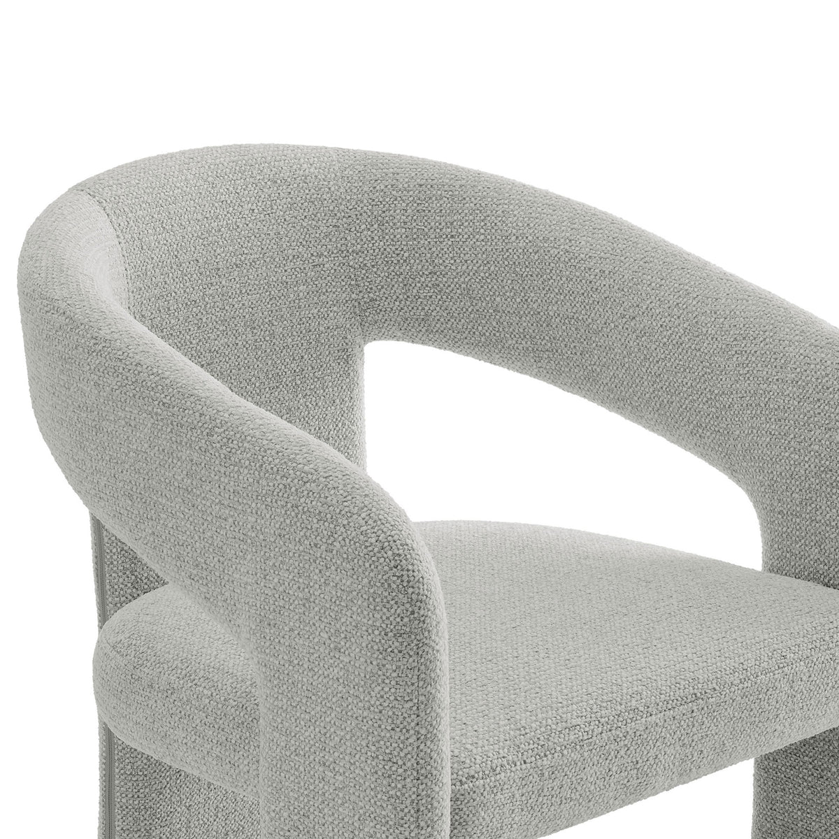 Oslo chair showing soft textured dove gray fabric and a smoothly rounded barrel arm || EEI-7224-DOV || detail_studio