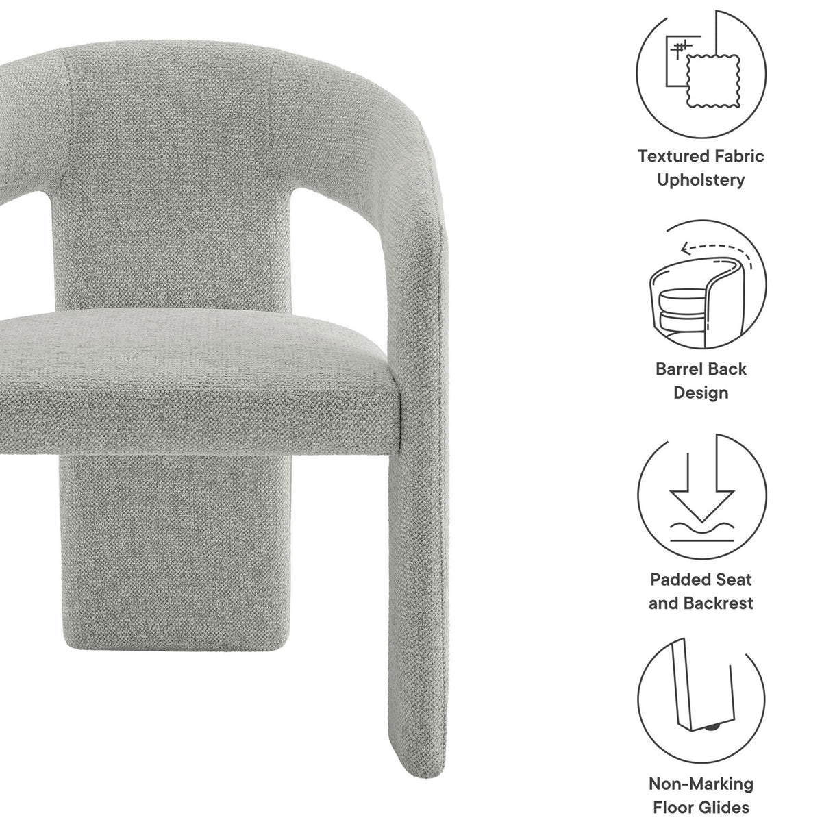 Oslo dove gray barrel chair with textured upholstery, padded seat, and non-marking floor glides || EEI-7224-DOV || callout_studio