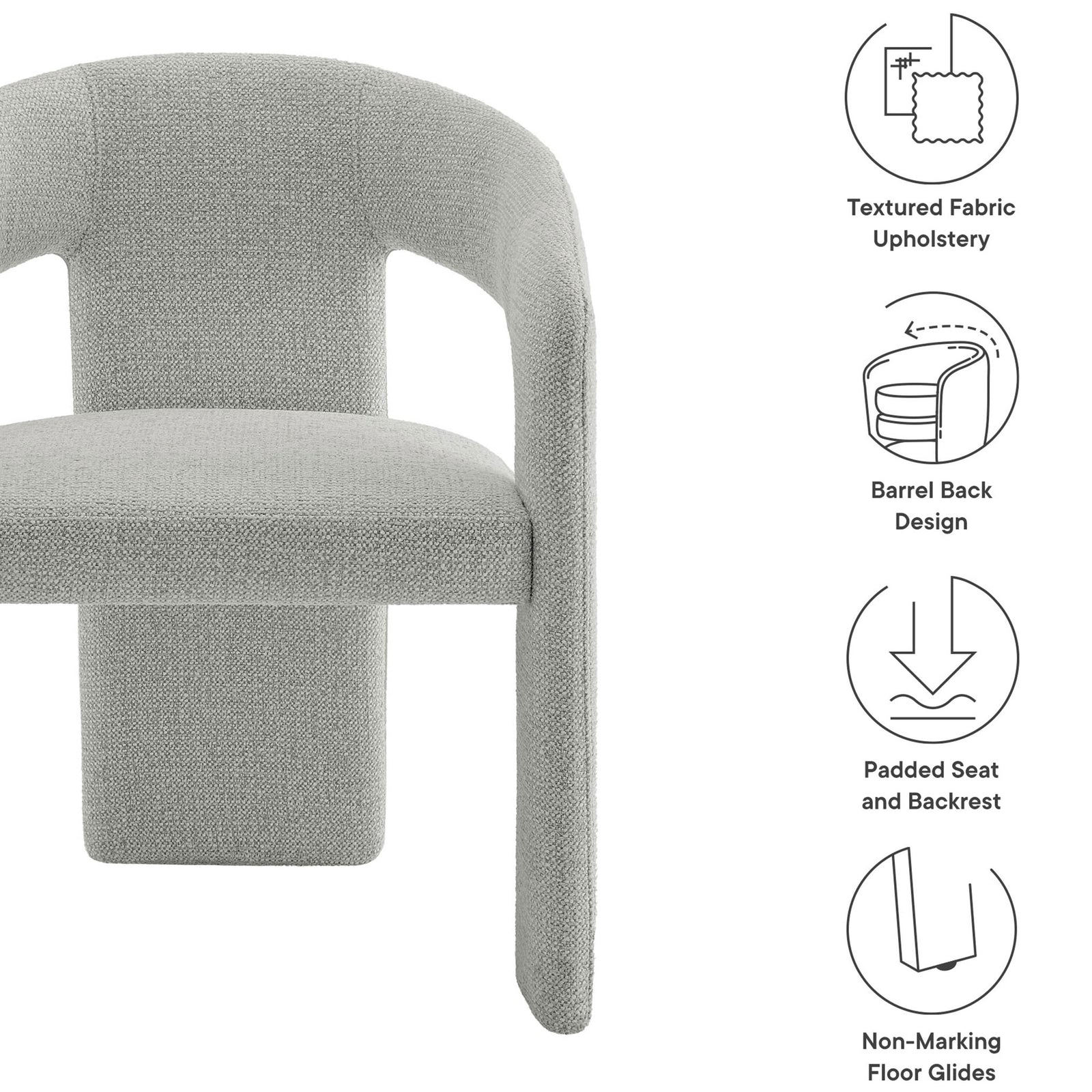Oslo dove gray barrel chair with textured upholstery, padded seat, and non-marking floor glides || EEI-7224-DOV || callout_studio