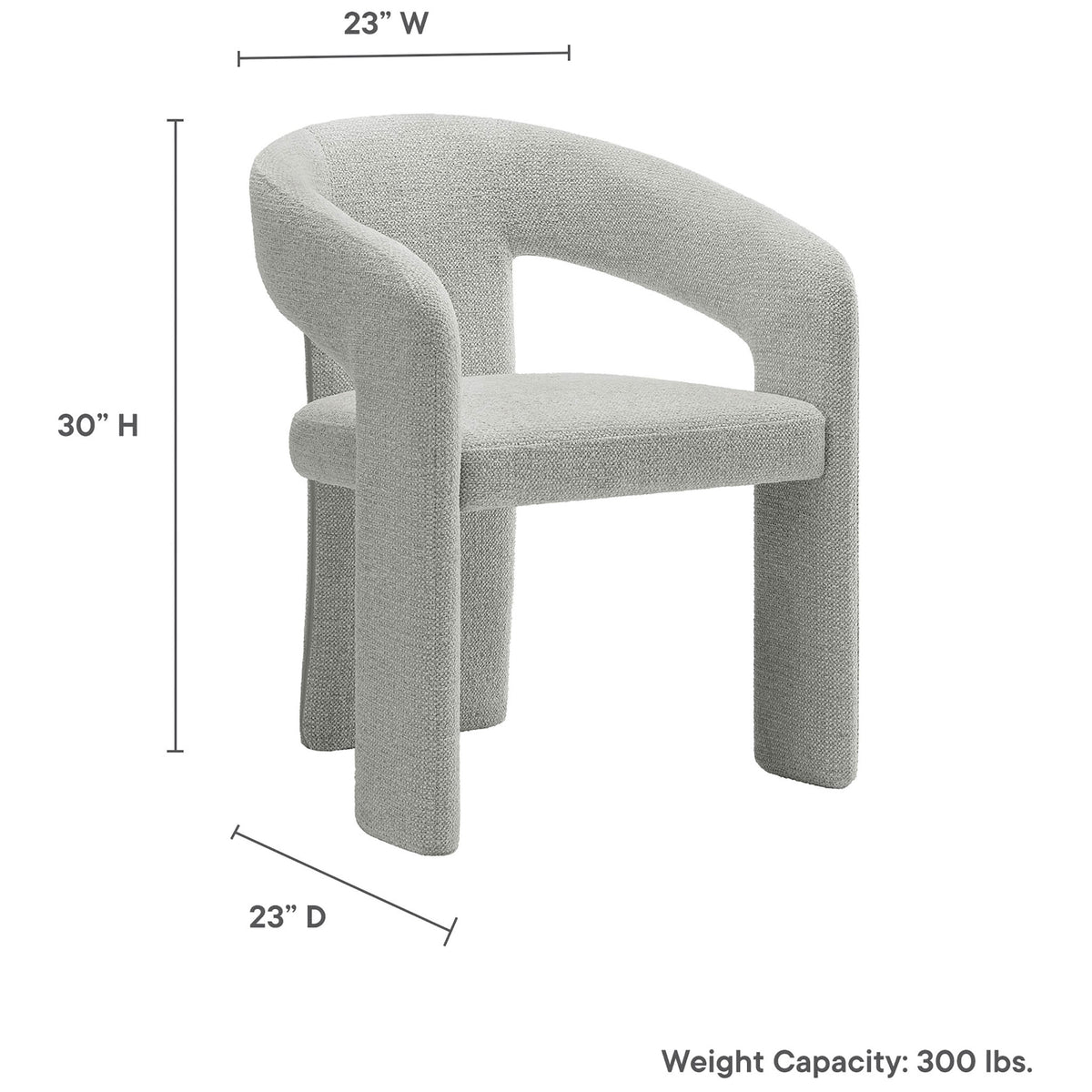Oslo barrel dining chair in dove gray with overall dimensions and 300 pound weight capacity shown || EEI-7224-DOV || dimension_studio