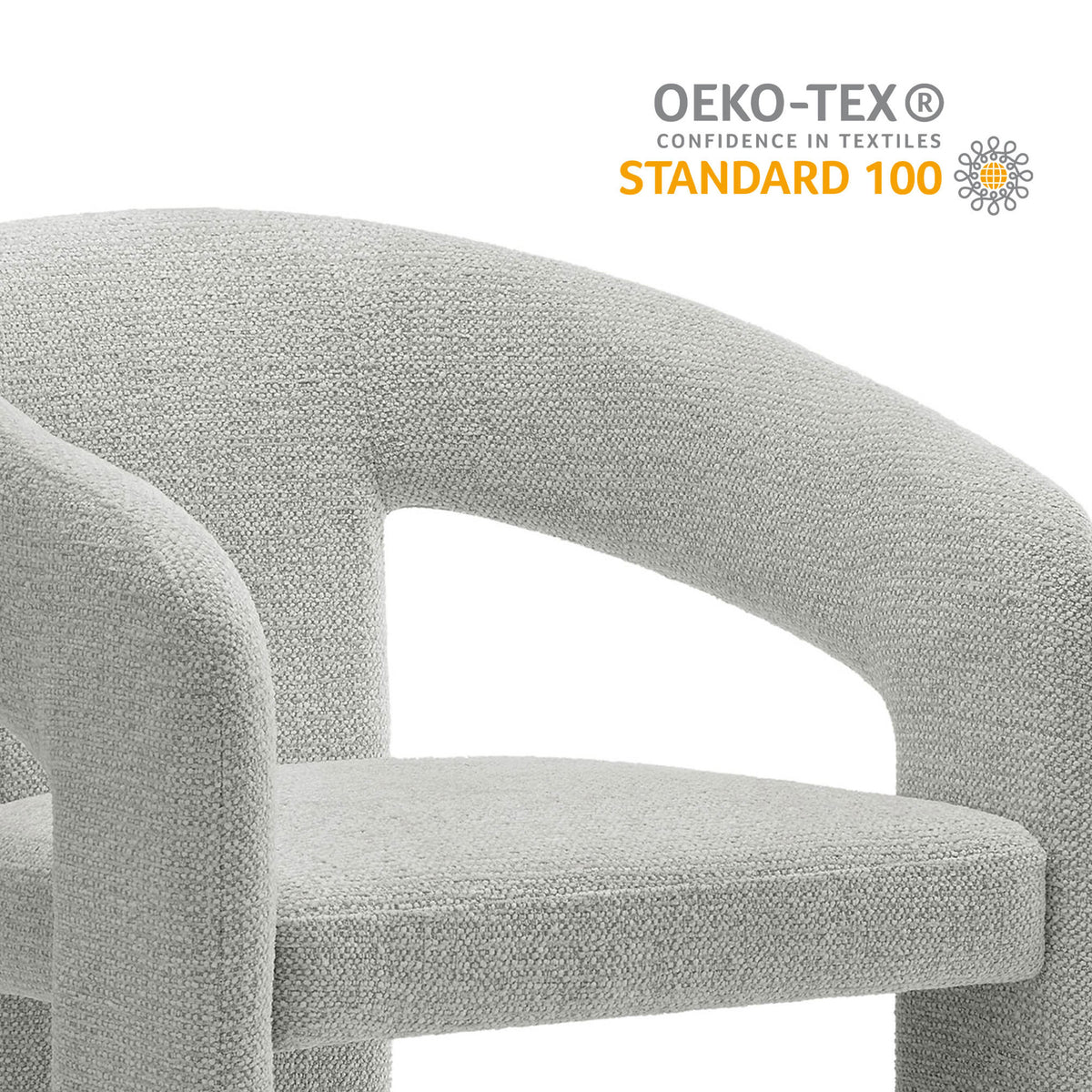 Oslo chair's textured dove gray fabric with OEKO TEX Standard 100 certification highlighted || EEI-7224-DOV || callout_studio