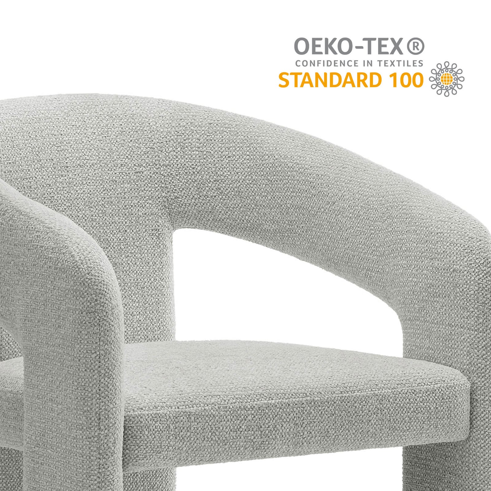 Oslo chair's textured dove gray fabric with OEKO TEX Standard 100 certification highlighted || EEI-7224-DOV || callout_studio