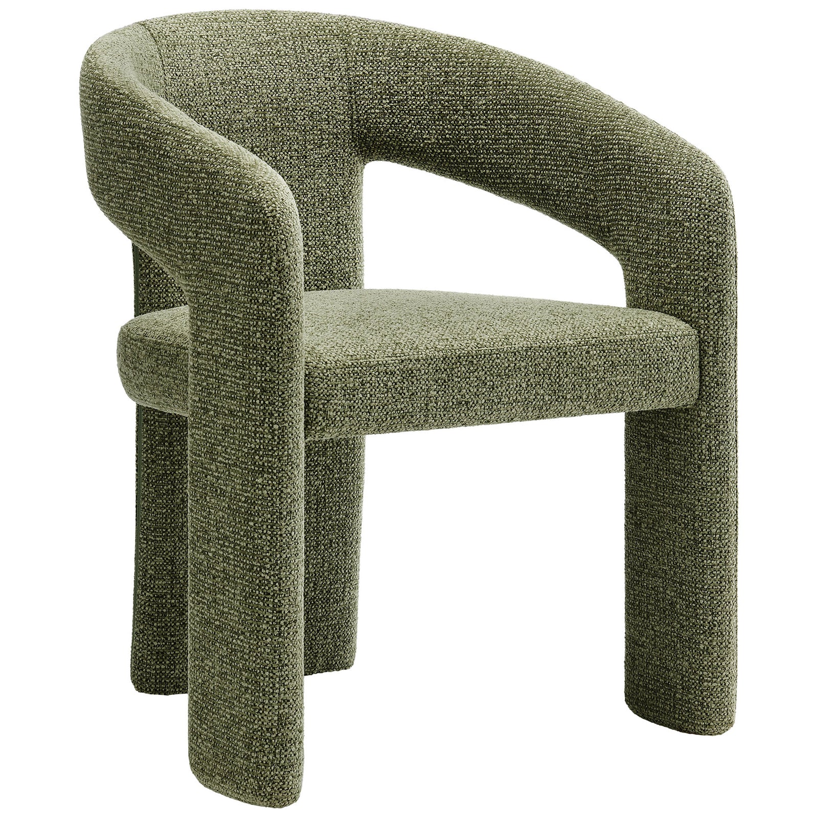 Contemporary leaf green barrel chair showcasing its sculpted curves and cozy upholstered seat for dining comfort || EEI-7224-LEA || front_angle_studio