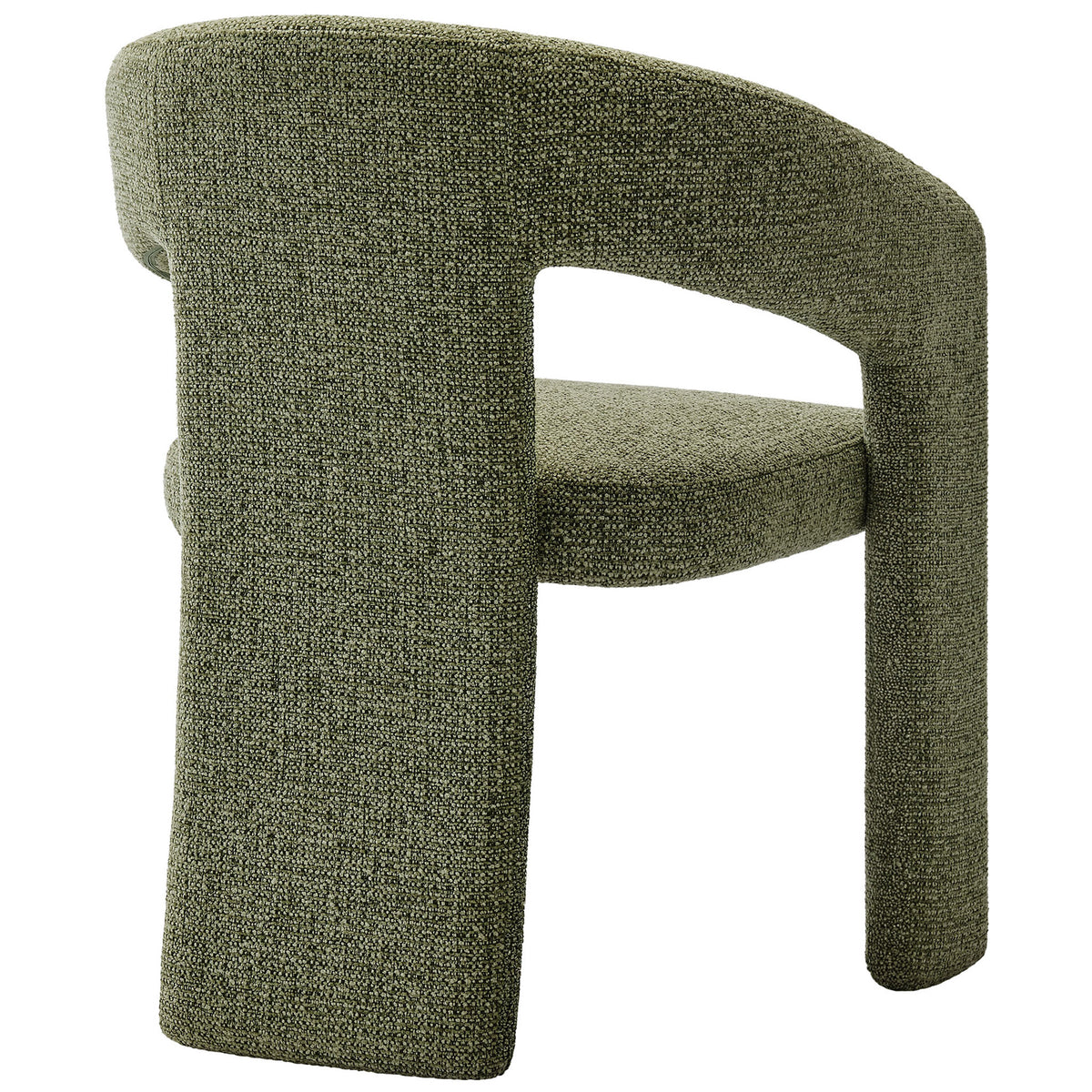 Sculptural leaf green dining chair with continuous barrel back and solid upholstered rear leg for stability || EEI-7224-LEA || back_angle_studio