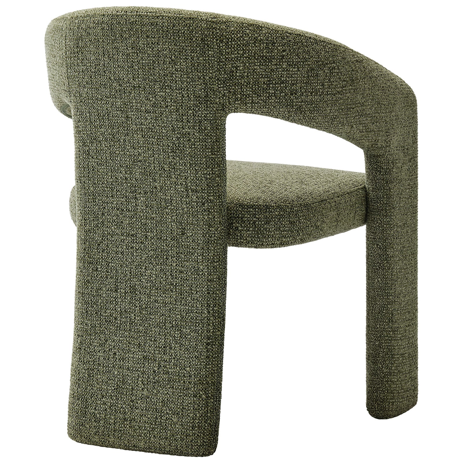 Sculptural leaf green dining chair with continuous barrel back and solid upholstered rear leg for stability || EEI-7224-LEA || back_angle_studio