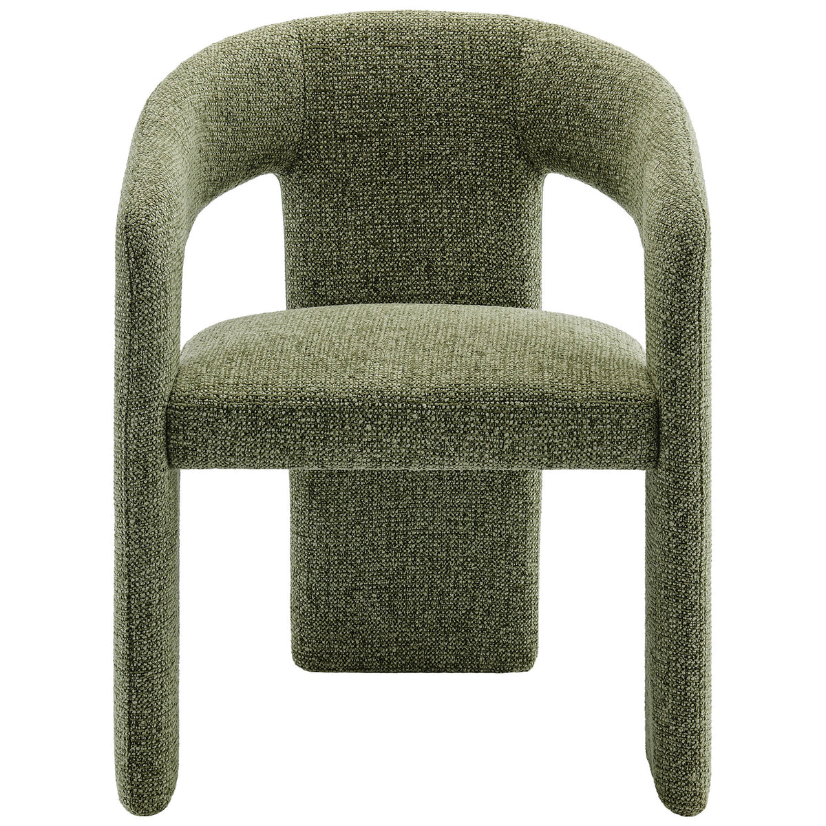 Leaf green barrel dining chair with open back, padded seat, and bold fully upholstered three-leg base || EEI-7224-LEA || front_studio