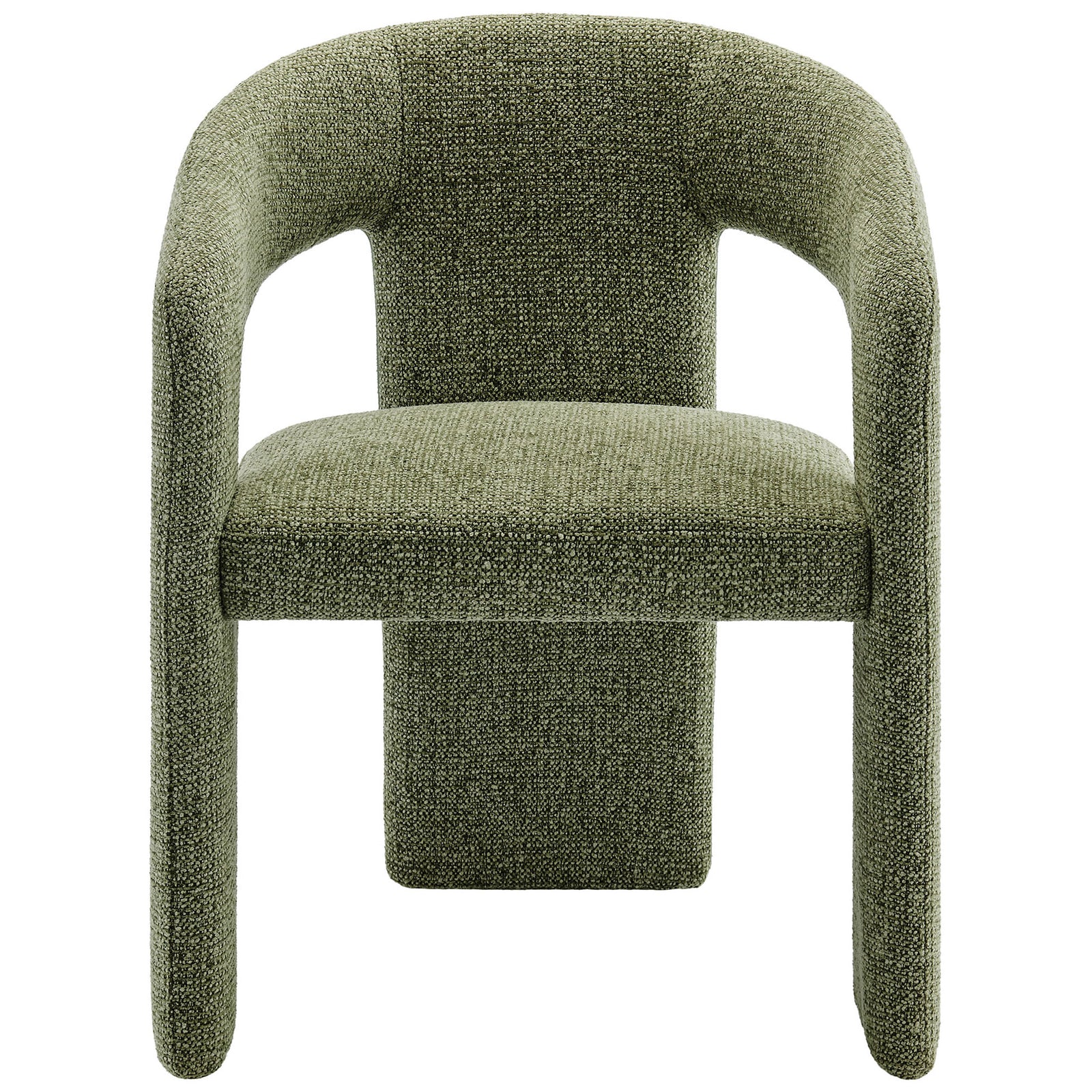 Leaf green barrel dining chair with open back, padded seat, and bold fully upholstered three-leg base || EEI-7224-LEA || front_studio