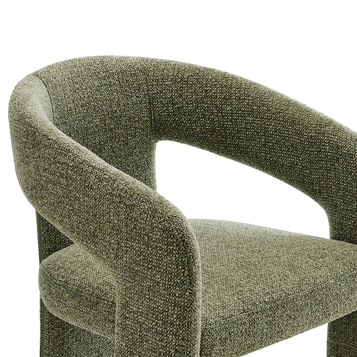 Curved backrest and seat detail highlighting the textured leaf green upholstery and plush foam cushioning || EEI-7224-LEA || detail_studio