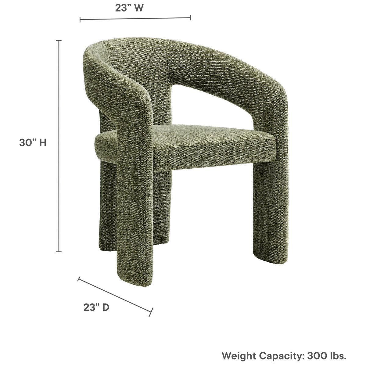 Oslo barrel dining chair in leaf green with labeled width, depth, height, and 300 pound weight capacity || EEI-7224-LEA || dimension_studio