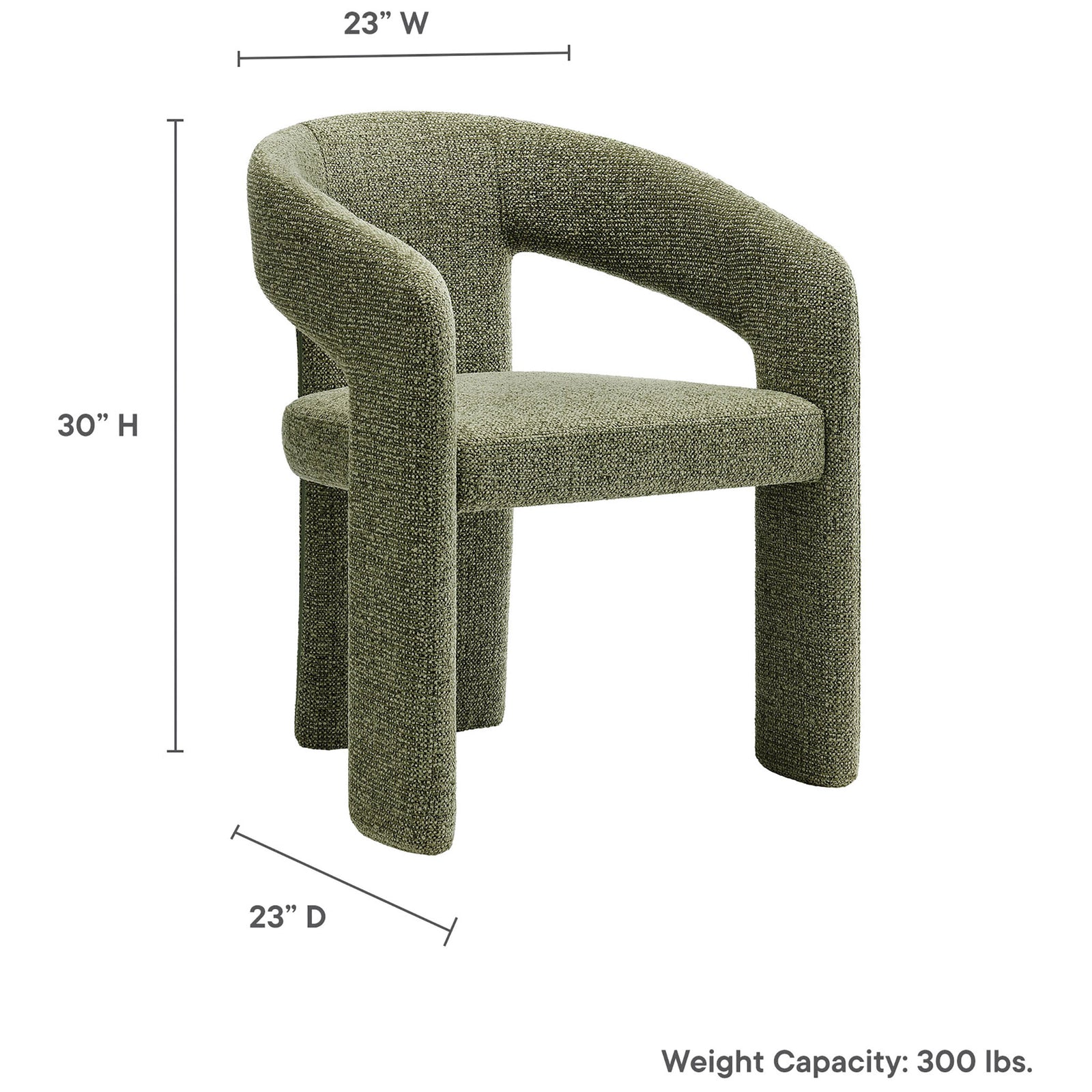 Oslo barrel dining chair in leaf green with labeled width, depth, height, and 300 pound weight capacity || EEI-7224-LEA || dimension_studio