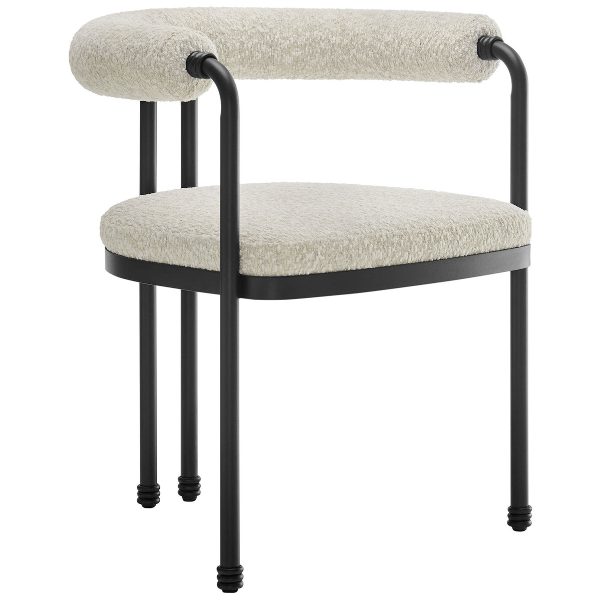 Modern boucle dining chair with open curved back and slim black metal legs for sculptural style || EEI-7225-BLK-PRL || front_angle_studio