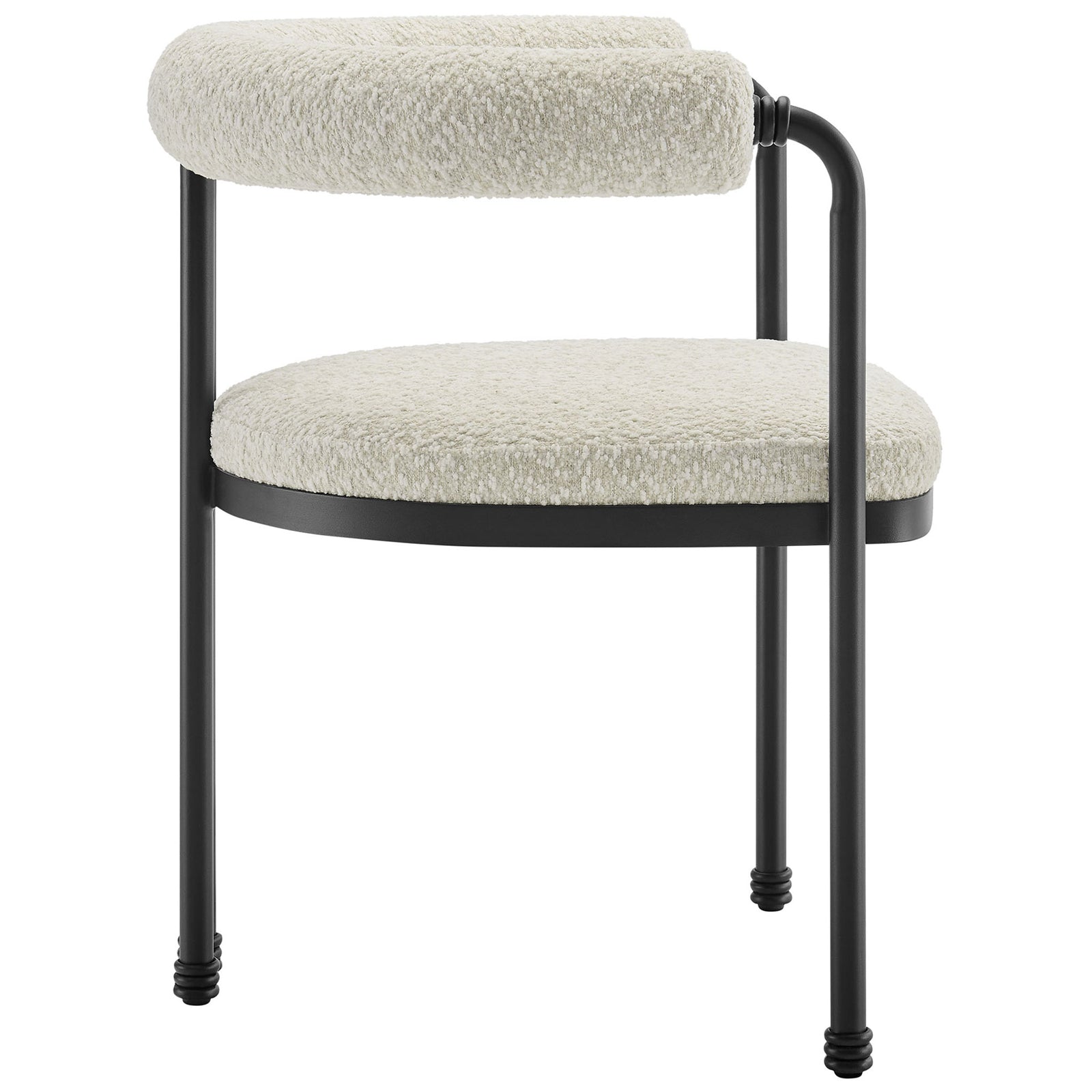 Wraparound barrel back and airy seat give this boucle dining chair a sleek, modern silhouette || EEI-7225-BLK-PRL || side_studio