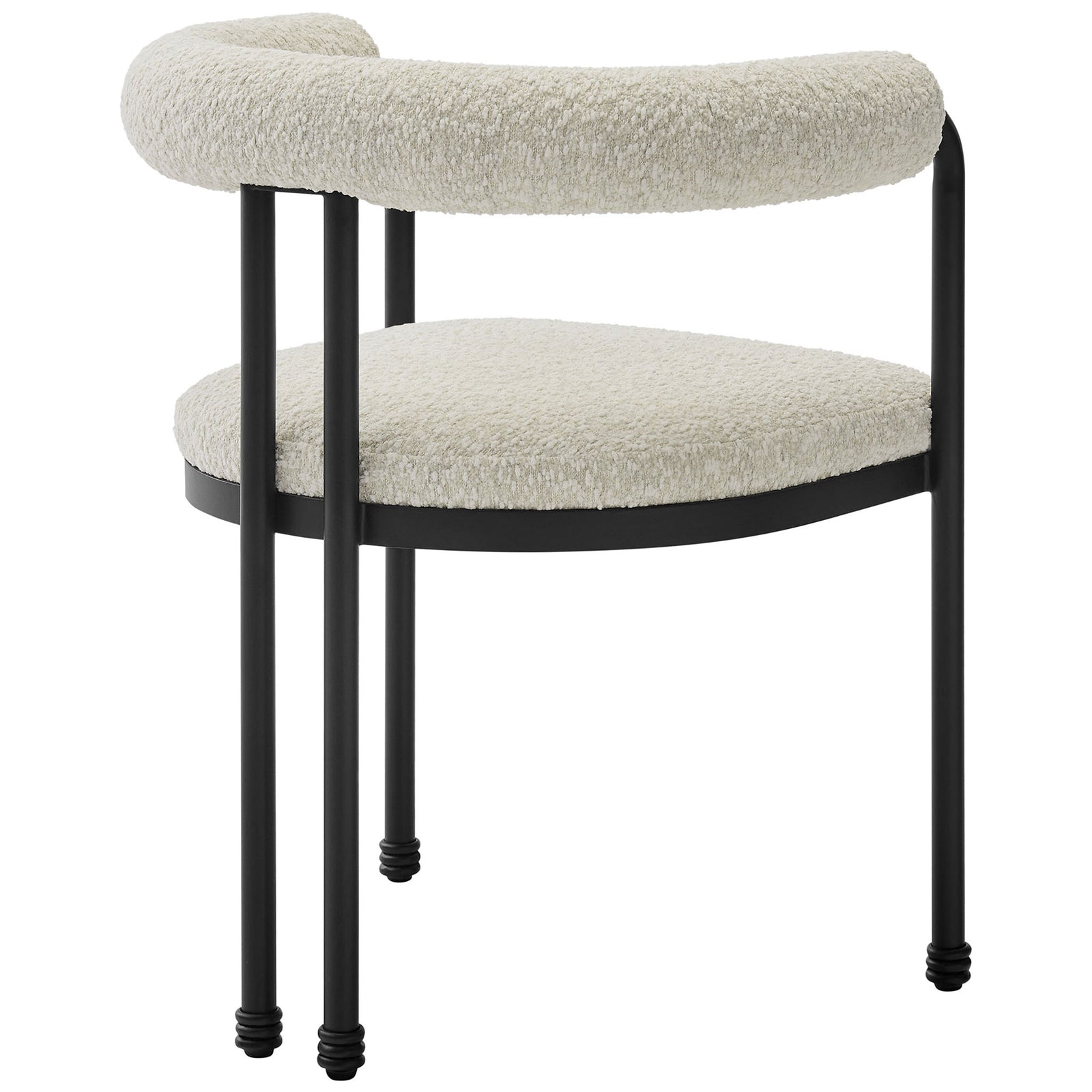 Textured boucle upholstery and continuous rolled backrest bring soft dimension to the metal chair frame || EEI-7225-BLK-PRL || back_angle_studio
