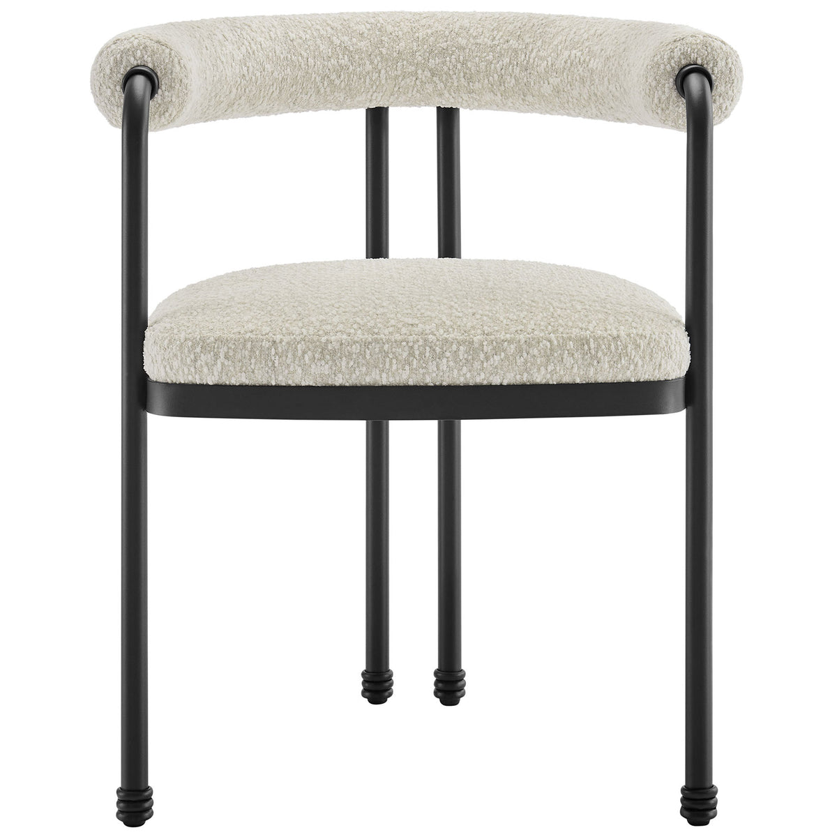 Curved boucle dining chair with plush seat, rolled barrel back, and black metal frame || EEI-7225-BLK-PRL || front_studio