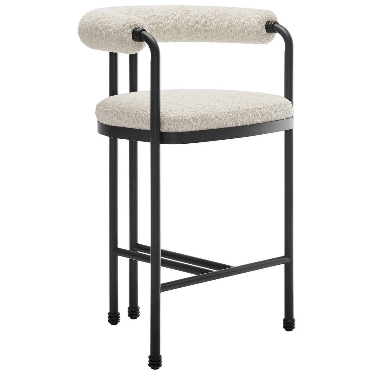 Sculptural barrel-back counter stool in soft boucle with sleek black frame and stretcher footrest || EEI-7226-BLK-PRL || front_angle_studio
