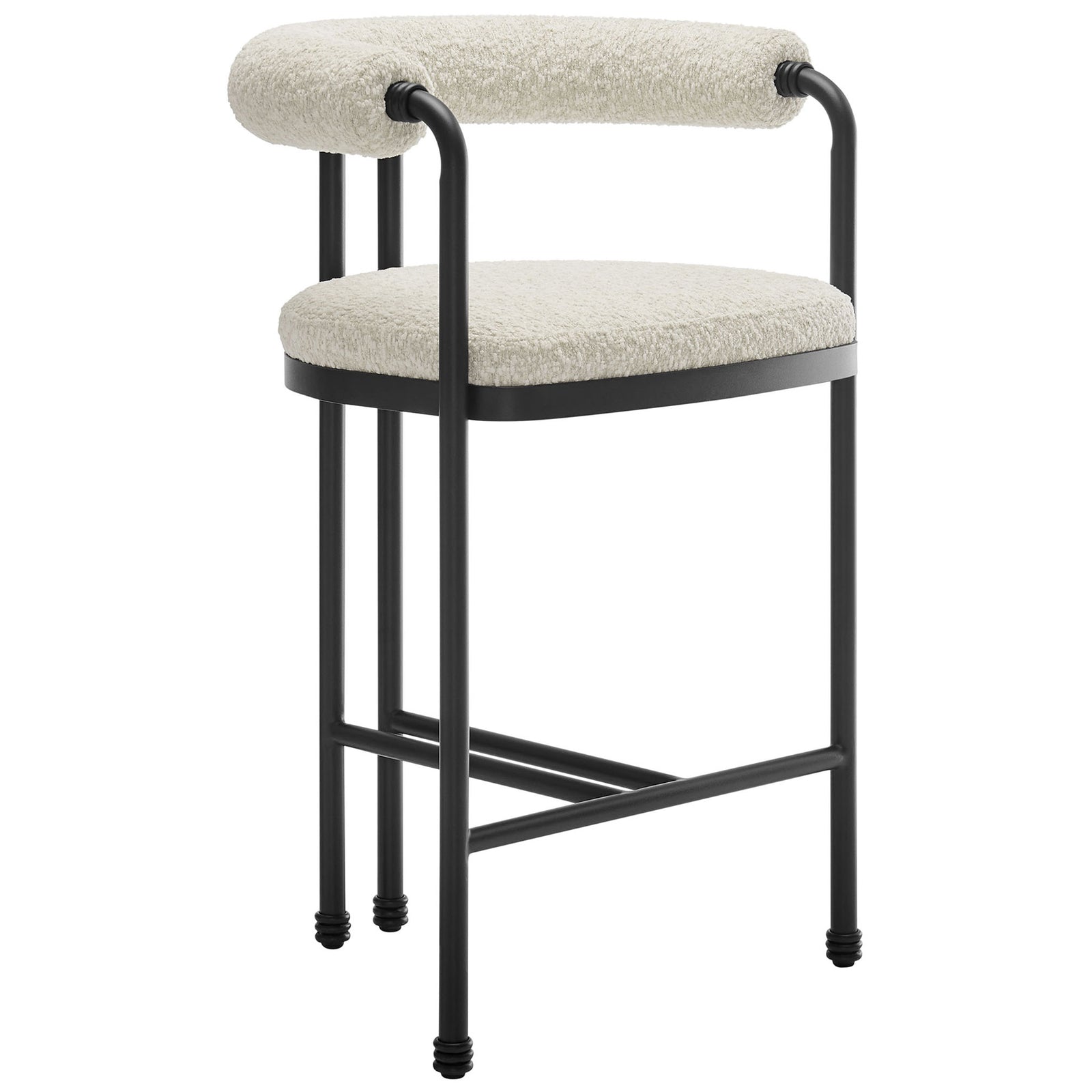 Sculptural barrel-back counter stool in soft boucle with sleek black frame and stretcher footrest || EEI-7226-BLK-PRL || front_angle_studio