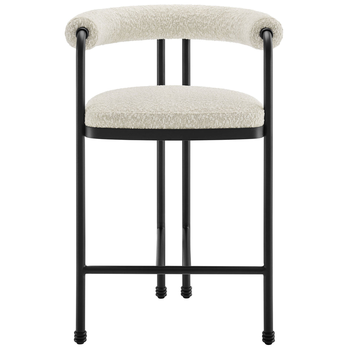 Boucle-upholstered counter stool with rolled open back and black powder-coated metal frame || EEI-7226-BLK-PRL || front_studio