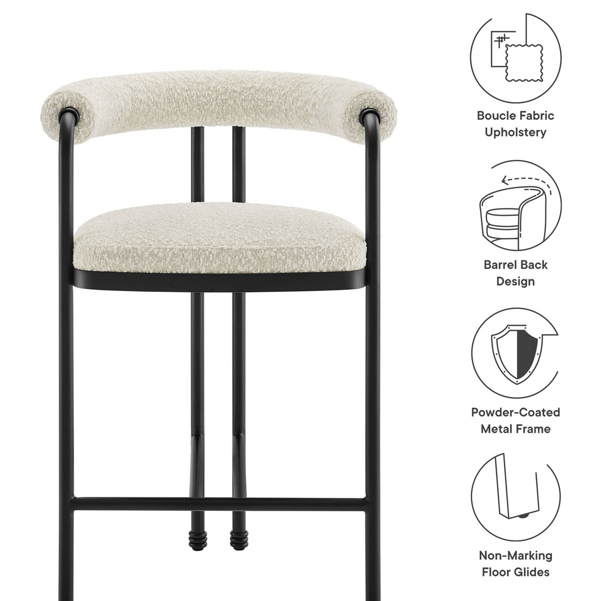 Boucle upholstery, barrel-back comfort, and a durable powder-coated frame with non-marking glides || EEI-7226-BLK-PRL || callout_studio