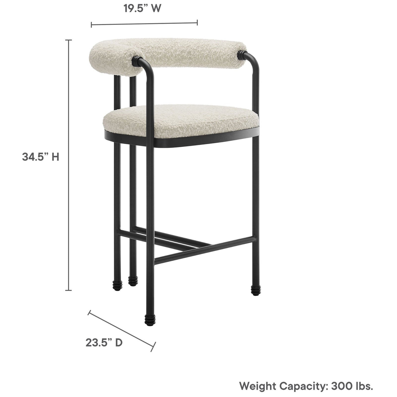 Counter-height stool with dimensions shown for a compact 19.5 in. width and 34.5 in. height || EEI-7226-BLK-PRL || dimension_studio