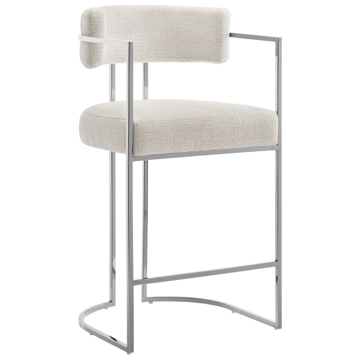 Sculpted arm frame and sled base pair with textured cream upholstery for a sleek, supportive counter stool. || EEI-7227-SLV-CRE || front_angle_studio
